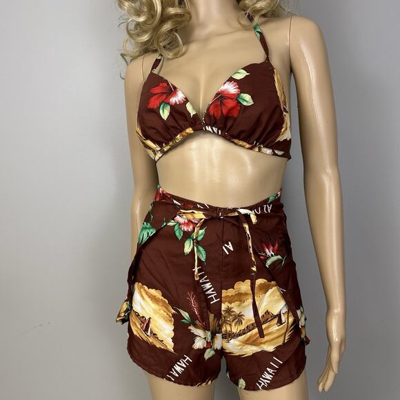 NEW Vintage Hukilau Fashions Hawaiian Set Medium Wrap Shorts Triangle Bikini Top - Picture 2 of 15